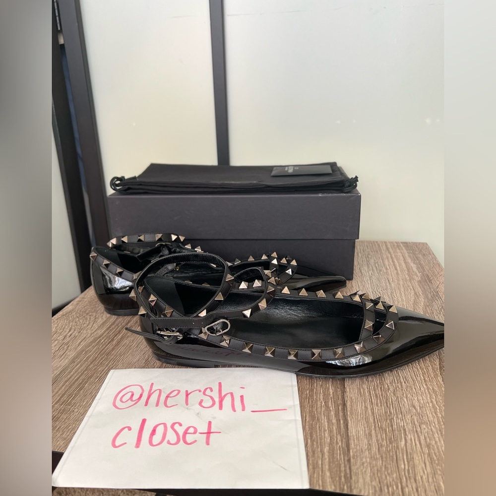 Valentino Garavani Noir Rockstud Caged Ballerina Flats Patent Black 40 10